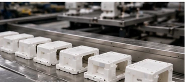 White injection molded parts on a production line