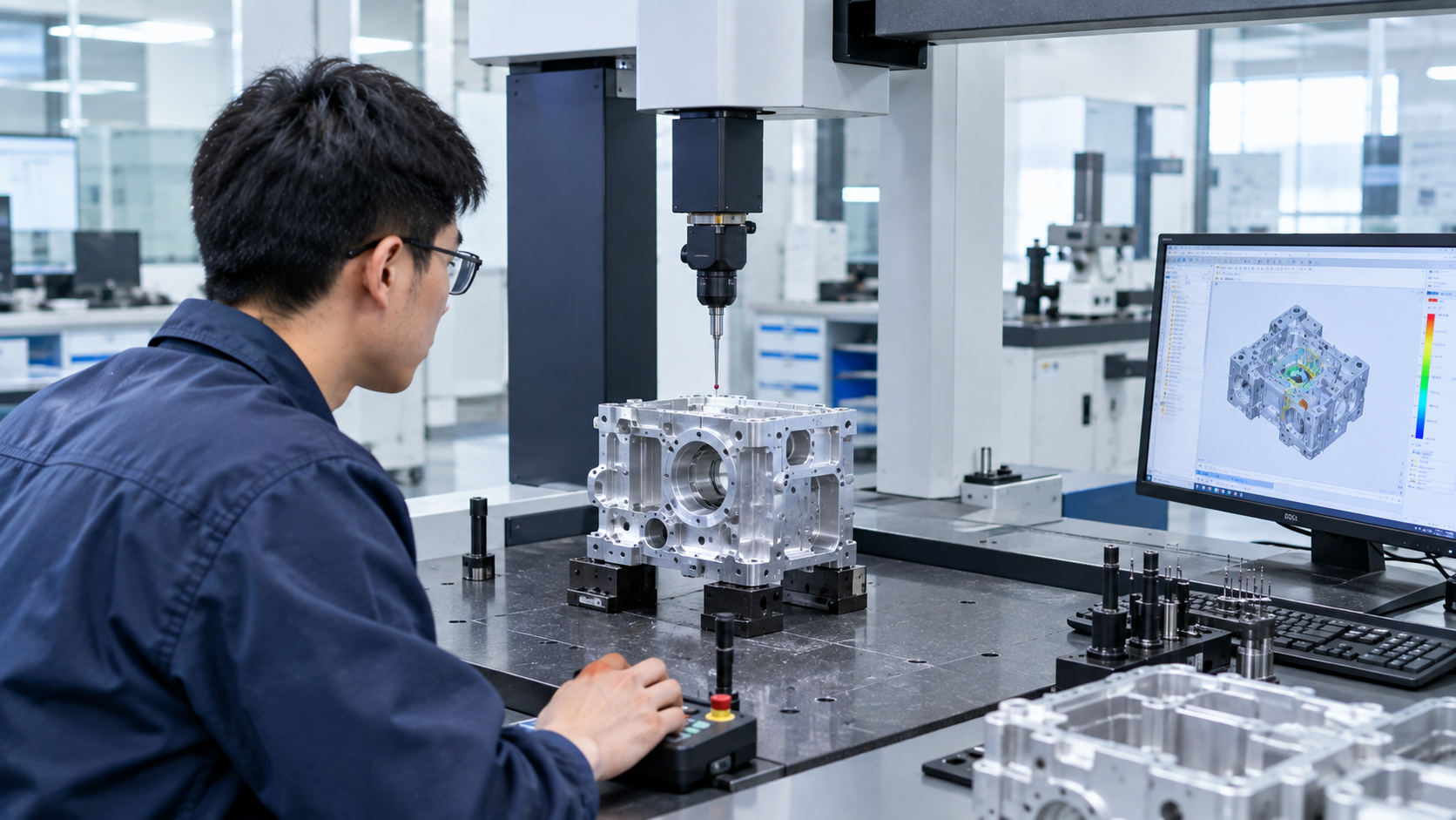 CNC machined part dimensional inspection with metrology equipment