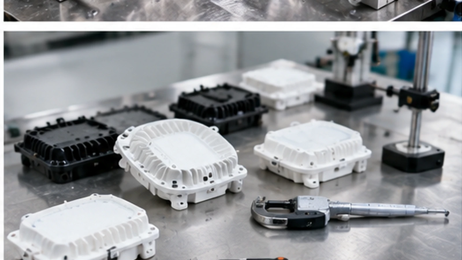 Custom molded LED housing samples checked with dimensional inspection tools