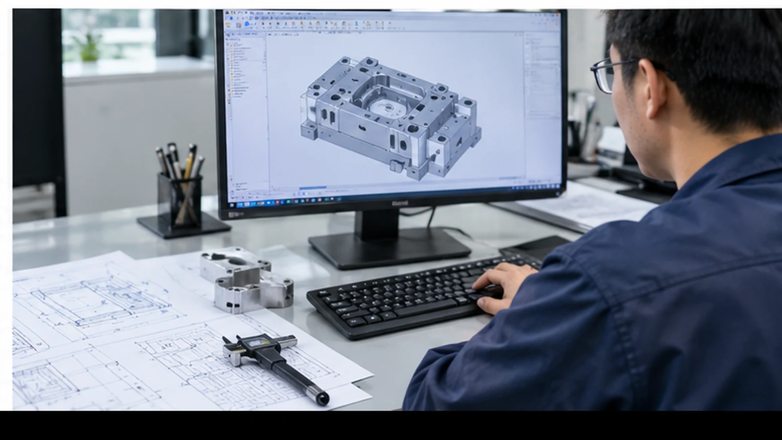 Engineer reviewing injection mold CAD geometry for an industrial plastic housing