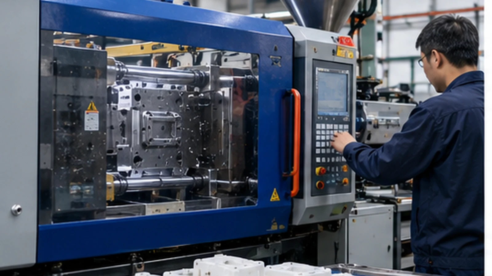 Injection molding factory operator inspecting a molded plastic enclosure