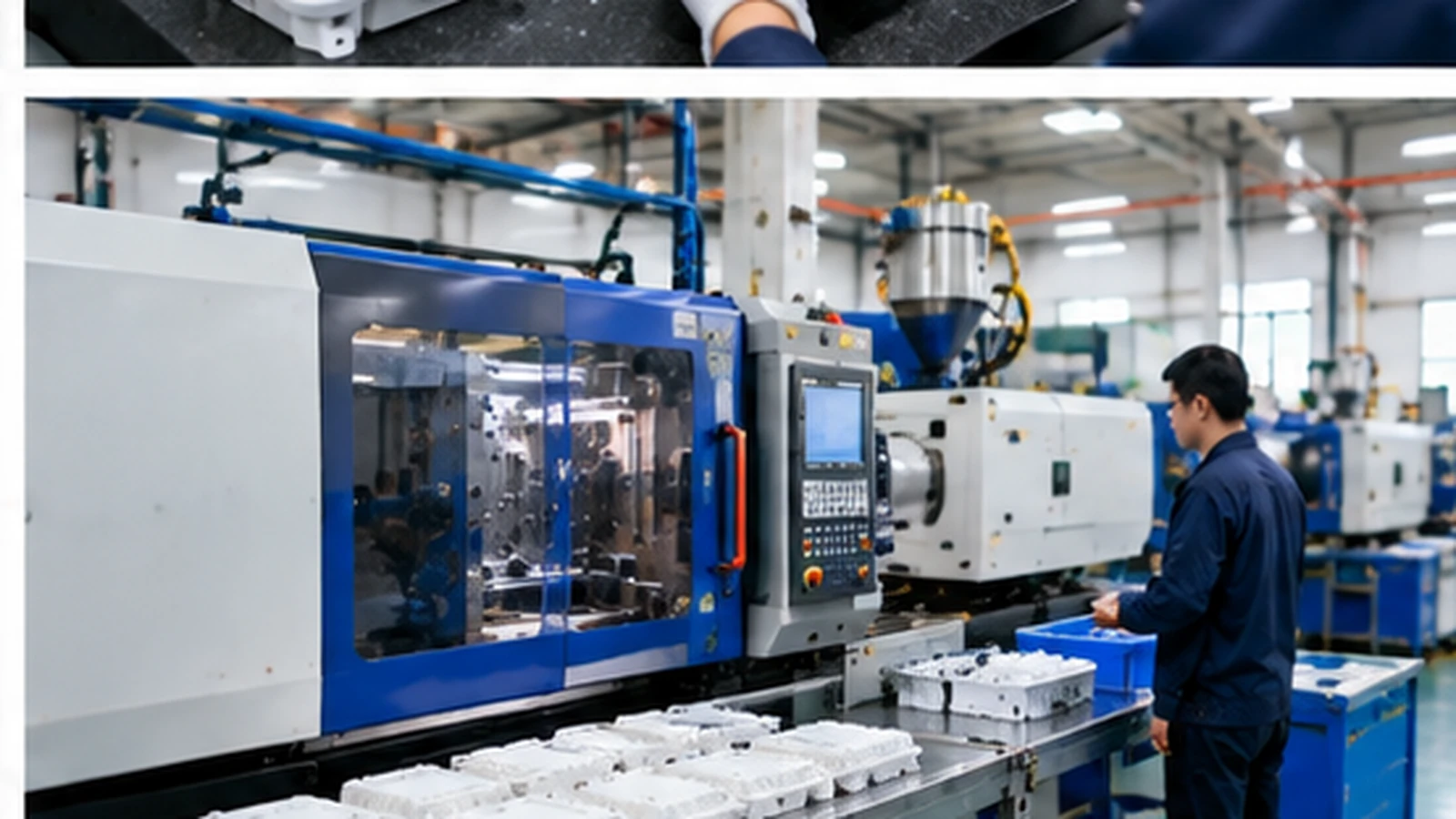 Injection molding machine producing plastic lighting housings