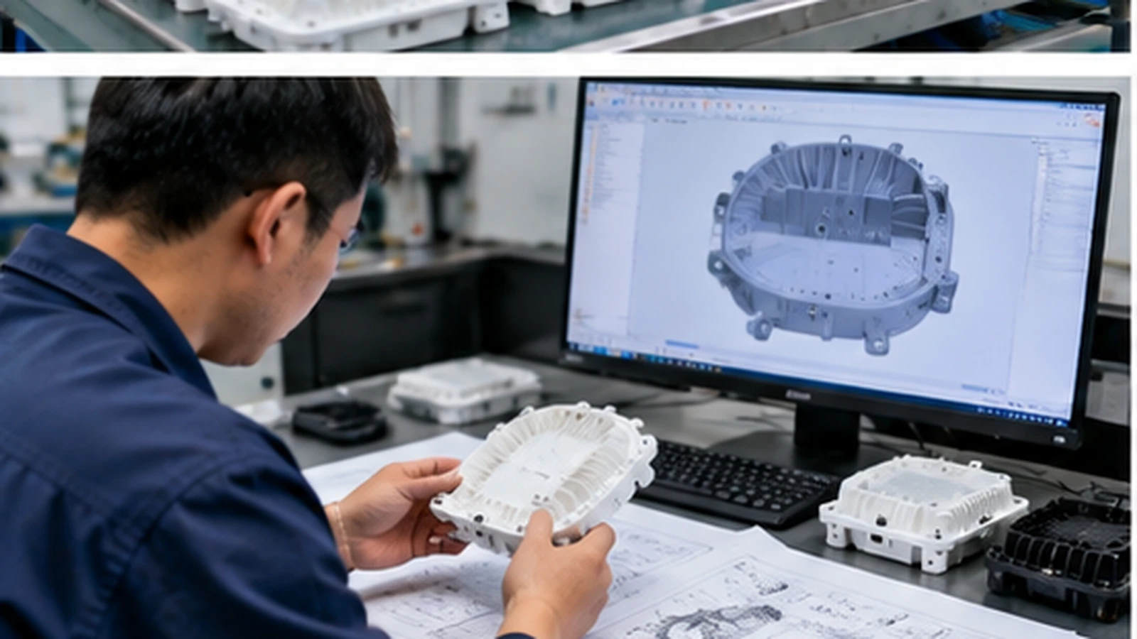 Engineer reviewing a custom LED light housing sample for an RFQ