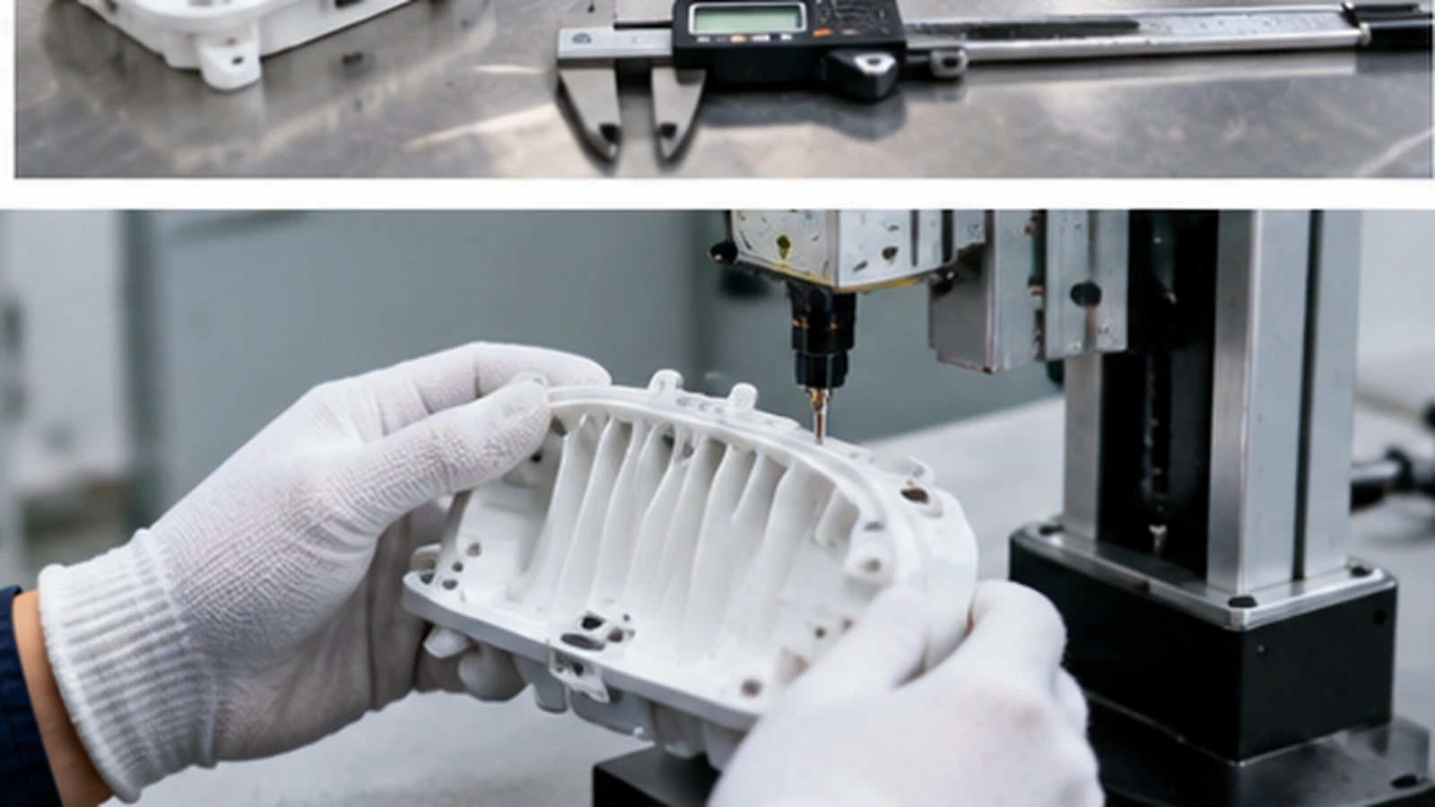 Injection molded LED lighting housing checked for warpage during quality inspection