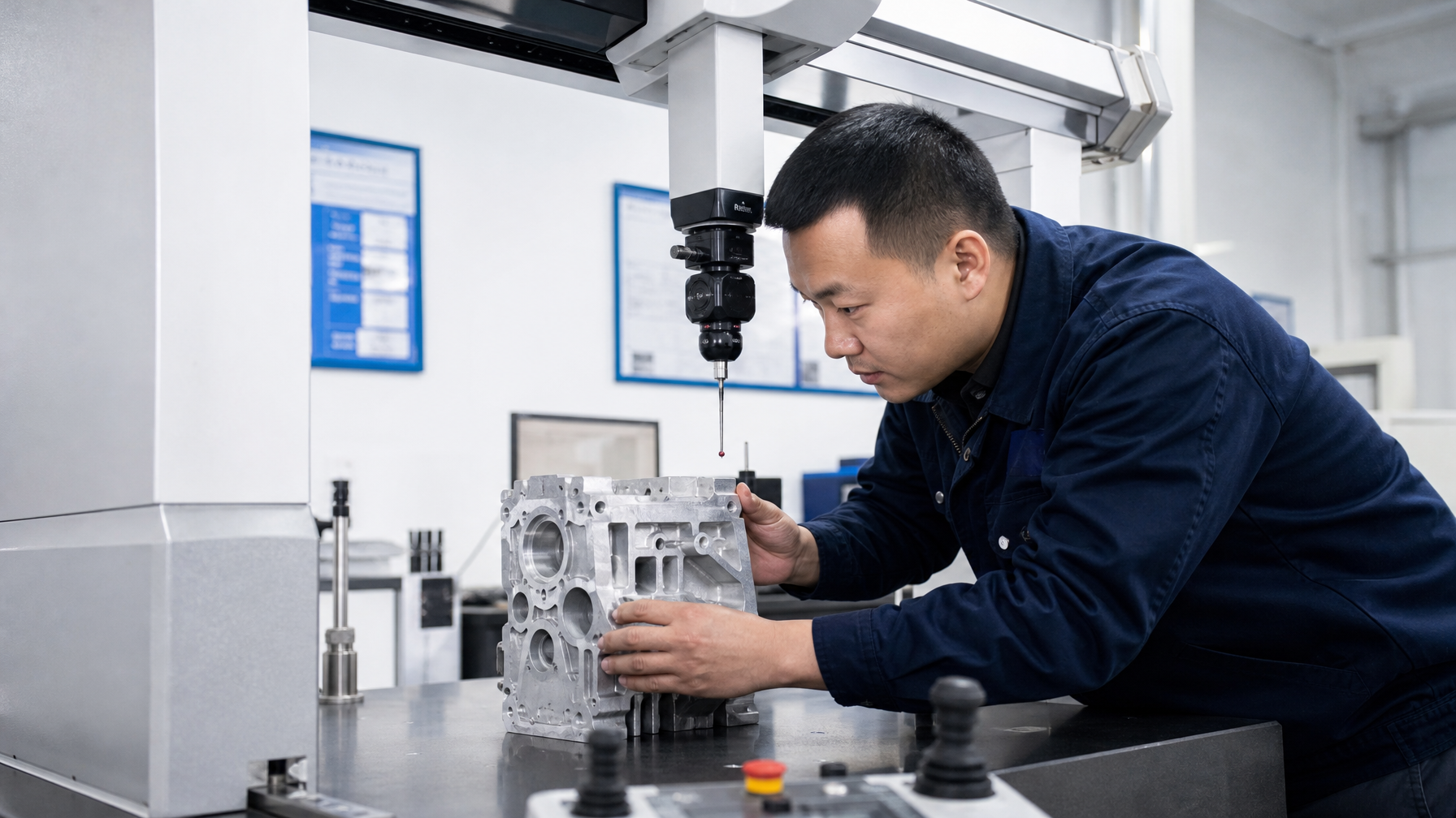 Engineer inspecting a CNC machined metal component in a modern manufacturing workshop